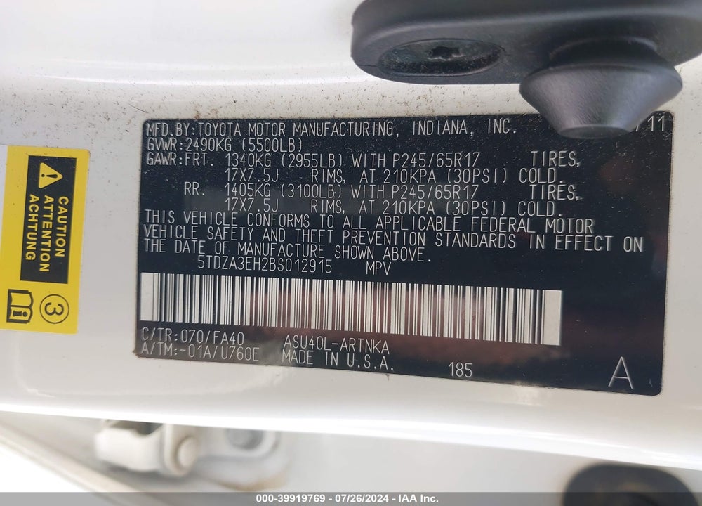 2011 TOYOTA HIGHLANDER VIN: 5TDZA3EH2BS012915