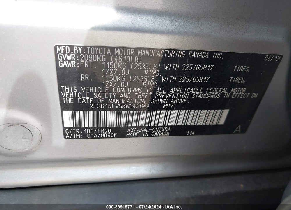 2019 TOYOTA RAV4 LE VIN: 2T3G1RFV5KW048644