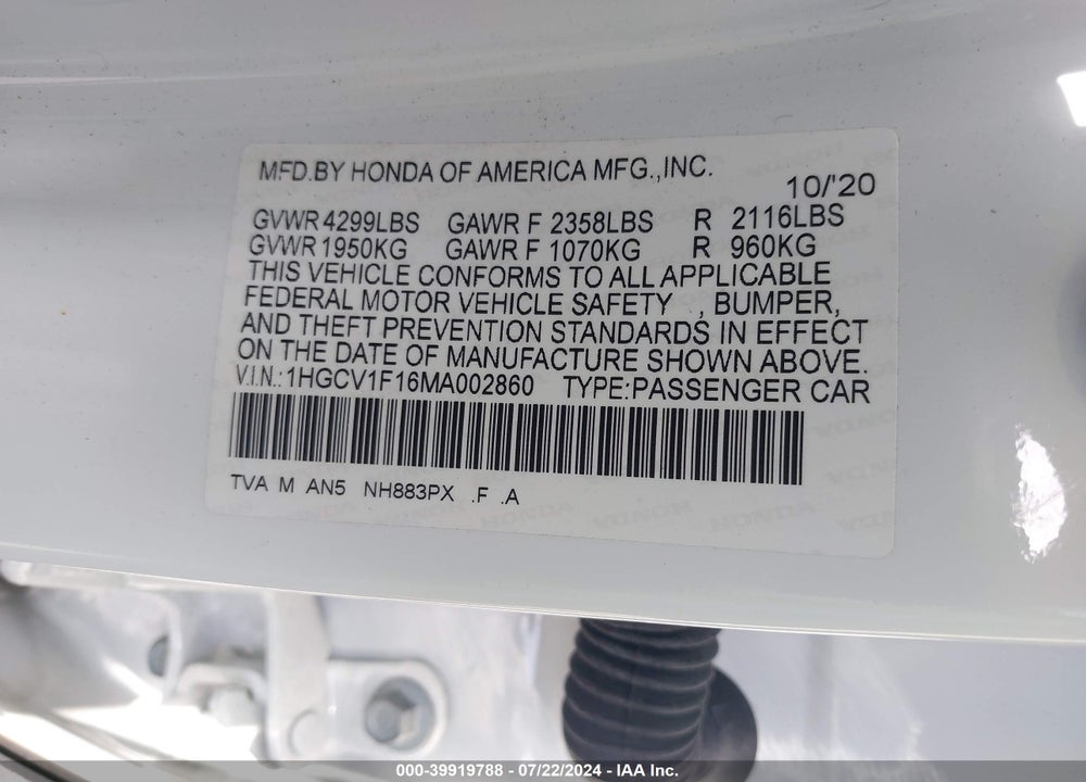 2021 HONDA ACCORD LX VIN: 1HGCV1F16MA002860