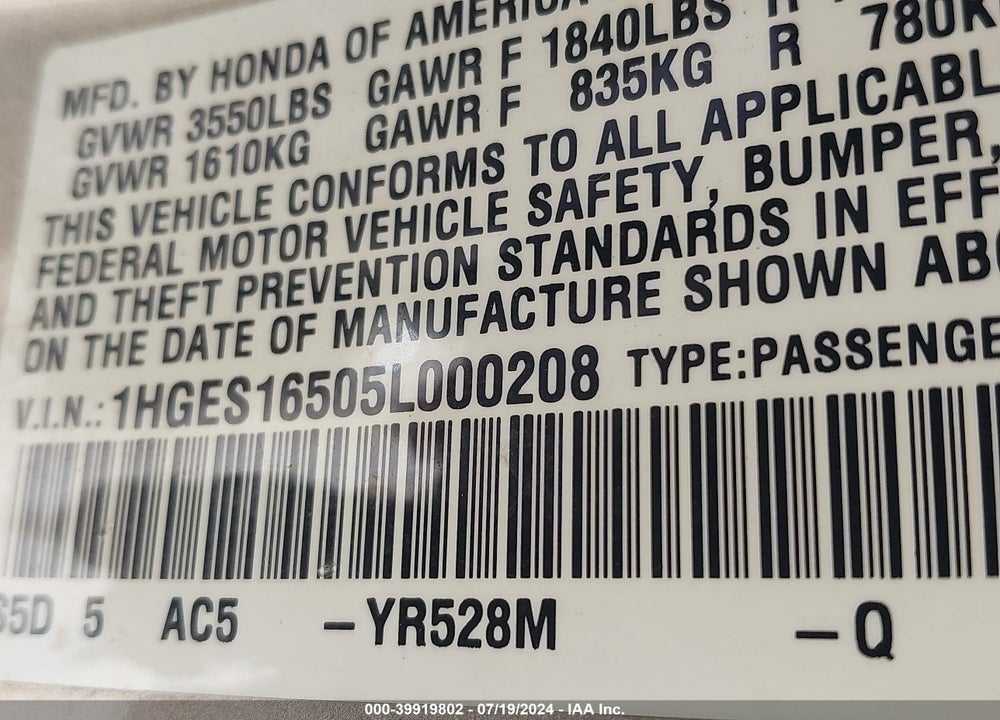 2005 HONDA CIVIC LX VIN: 1HGES16505L000208