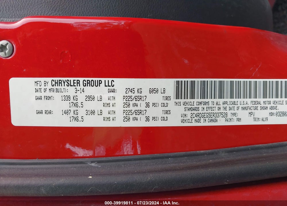 2014 DODGE GRAND CARAVAN R/T VIN: 2C4RDGEG5ER337528