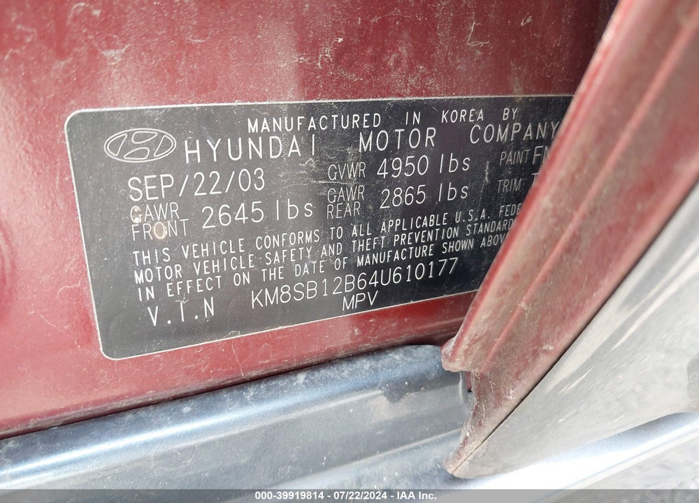2004 HYUNDAI SANTA FE VIN: KM8SB12B64U610177