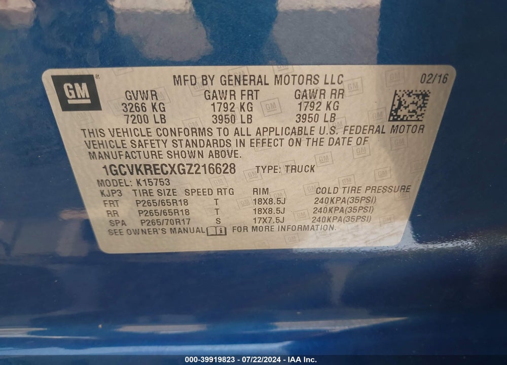 2016 CHEVROLET SILVERADO 1500 1LT VIN: 1GCVKRECXGZ216628