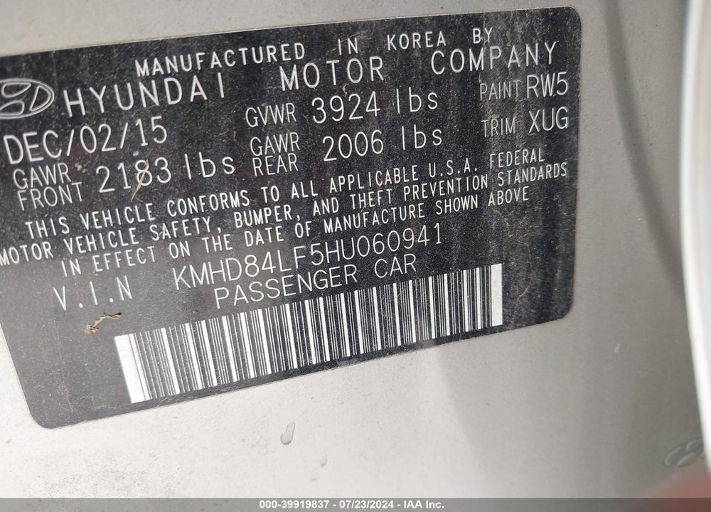 2017 HYUNDAI ELANTRA SE VIN: KMHD84LF5HU060941