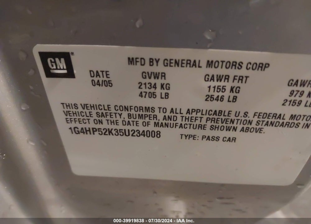 2005 BUICK LESABRE CUSTOM VIN: 1G4HP52K35U234008