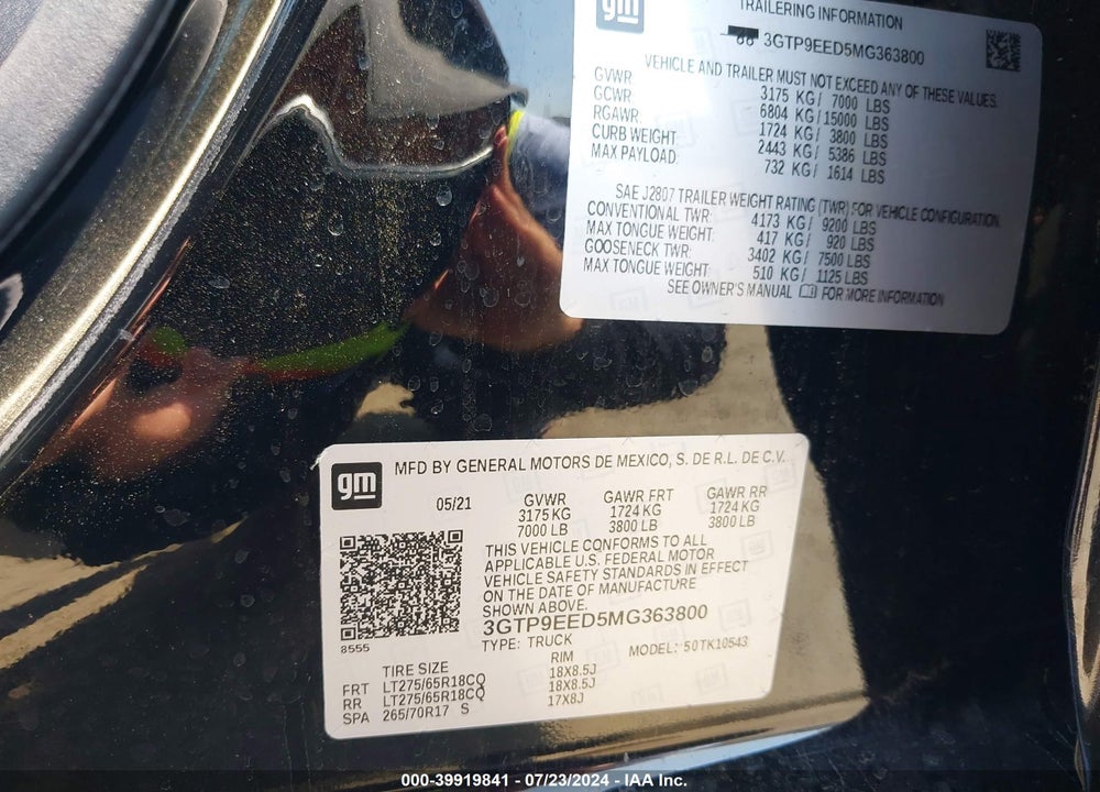 2021 GMC SIERRA 1500 4WD SHORT BOX AT4 VIN: 3GTP9EED5MG363800