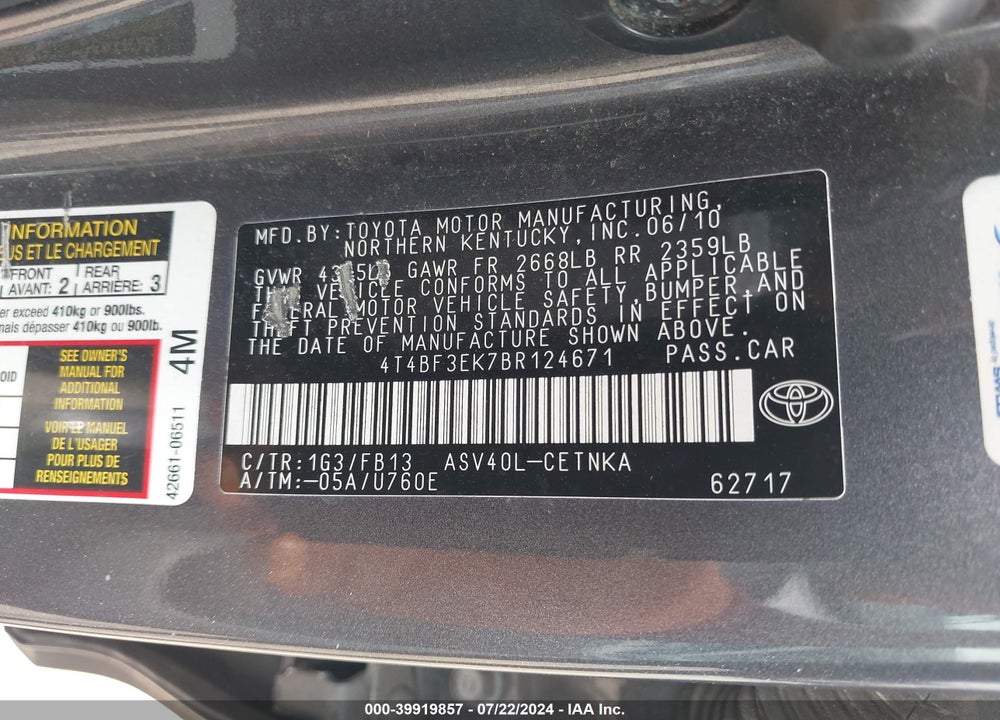 2011 TOYOTA CAMRY LE VIN: 4T4BF3EK7BR124671