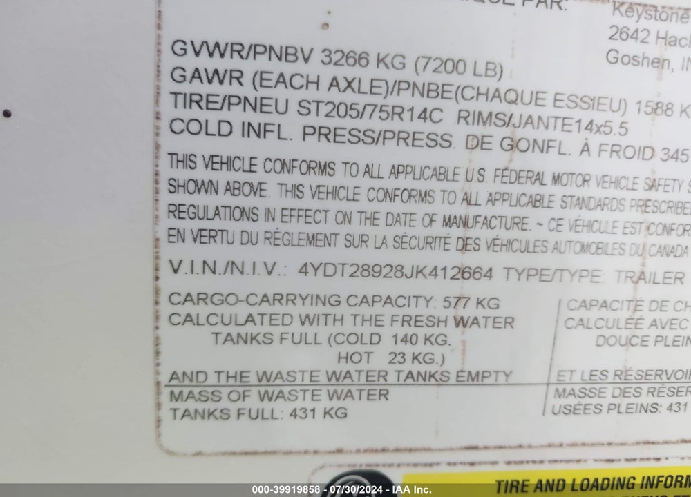 2018 PASSPORT PP2890 VIN: 4YDT28928JK412664