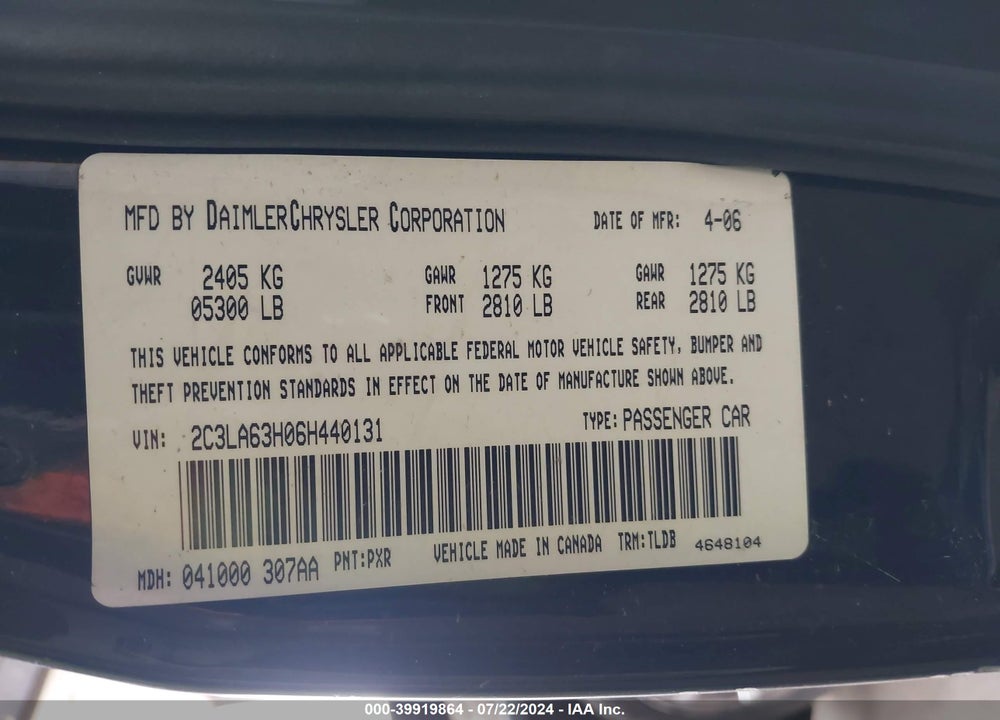 2006 CHRYSLER 300C VIN: 2C3LA63H06H440131