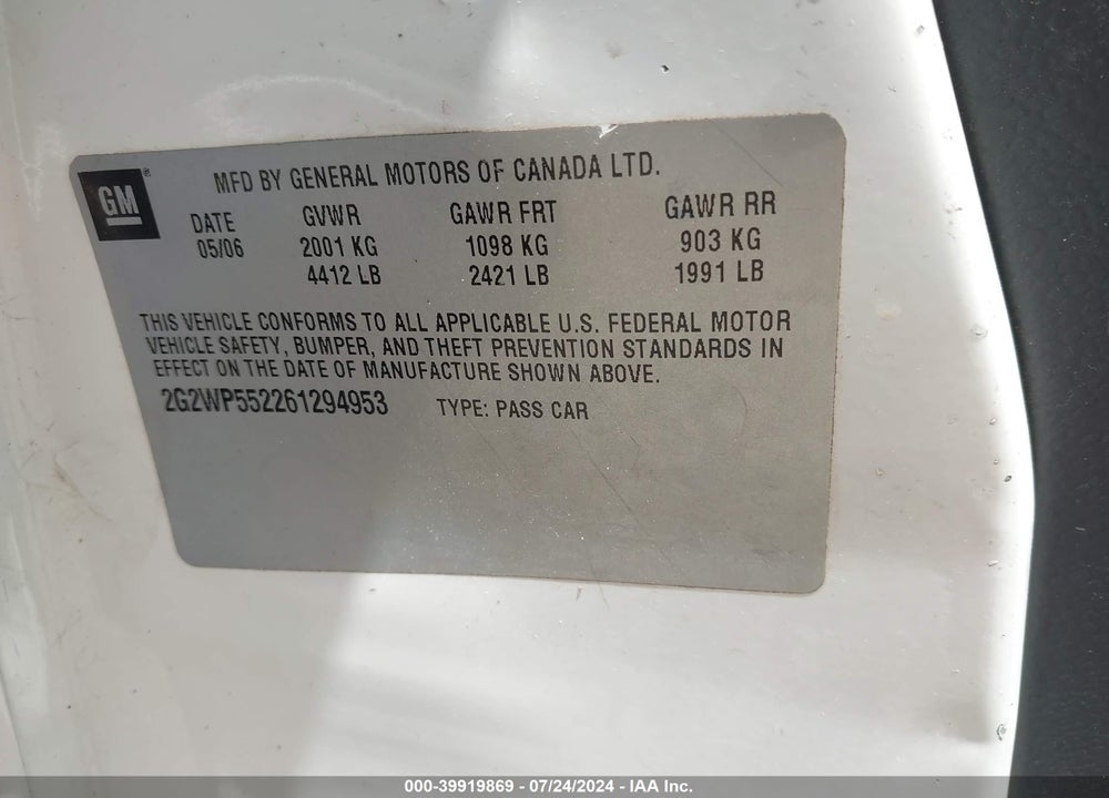 2006 PONTIAC GRAND PRIX VIN: 2G2WP552261294953