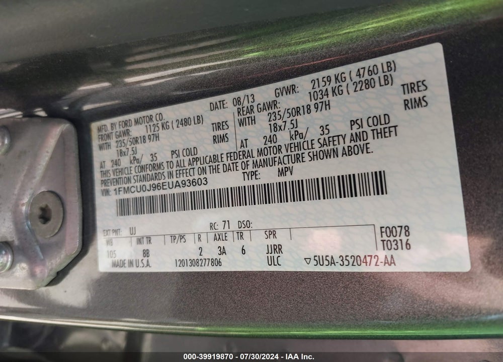 2014 FORD ESCAPE TITANIUM VIN: 1FMCU0J96EUA93603