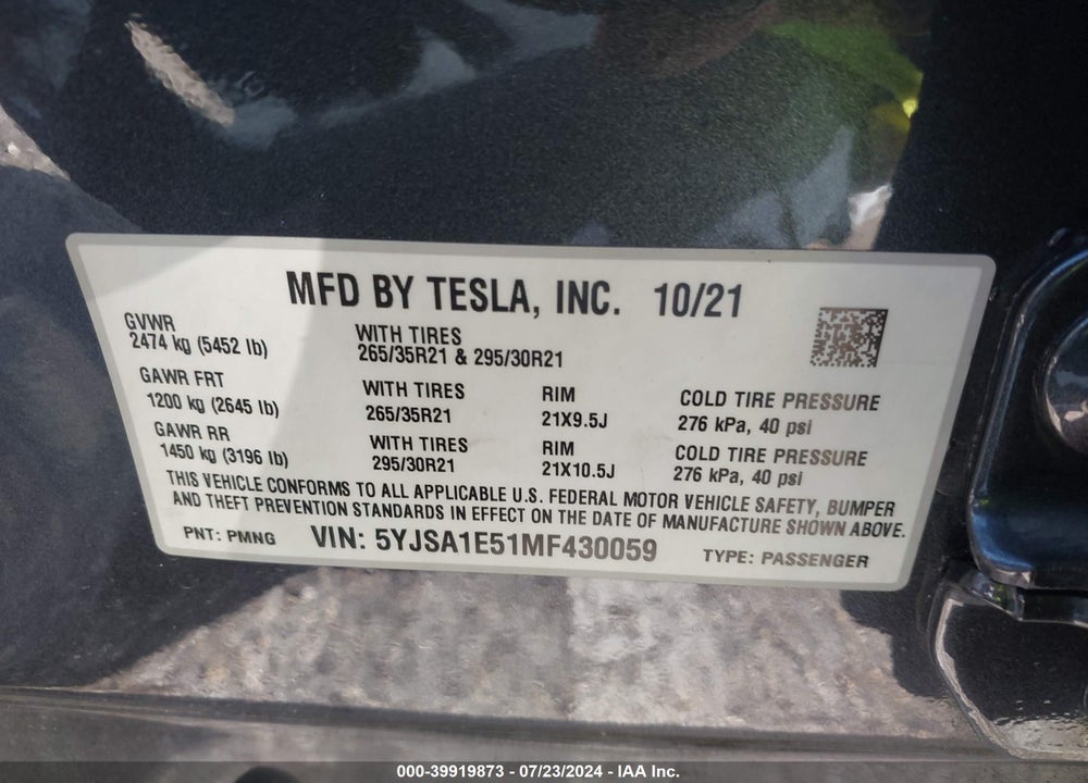 2021 TESLA MODEL S LONG RANGE DUAL MOTOR ALL-WHEEL DRIVE VIN: 5YJSA1E51MF430059