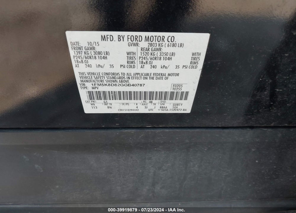 2016 FORD EXPLORER XLT VIN: 1FM5K8D82GGB40787