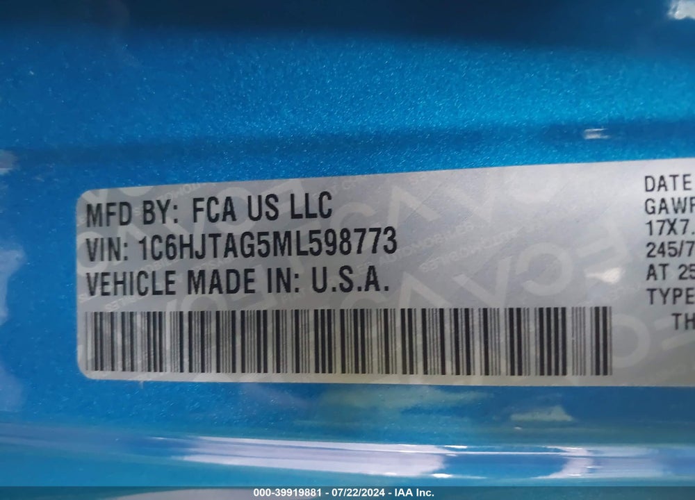 2021 JEEP GLADIATOR SPORT S 4X4 VIN: 1C6HJTAG5ML598773