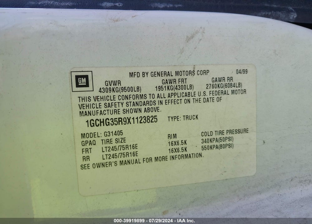1999 CHEVROLET EXPRESS VIN: 1GCHG35R9X1123825