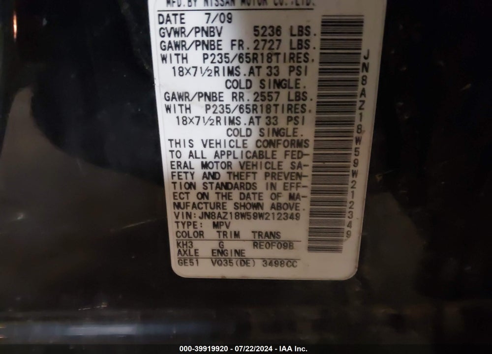 2009 NISSAN MURANO SL VIN: JN8AZ18W59W212349