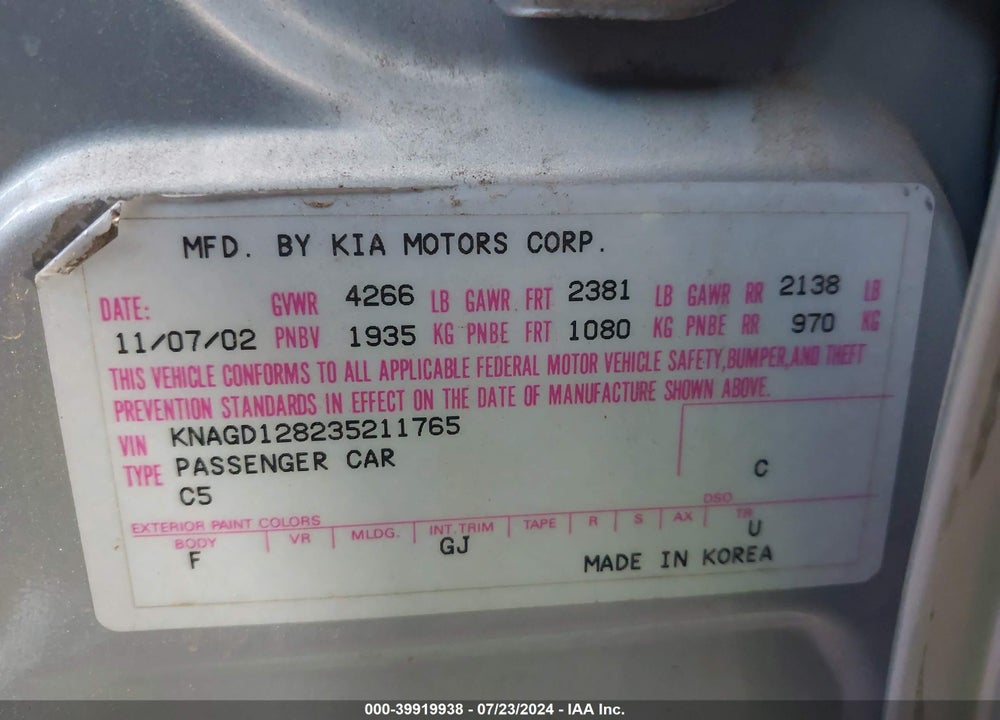2003 KIA OPTIMA LX V6/SE V6 VIN: KNAGD128235211765