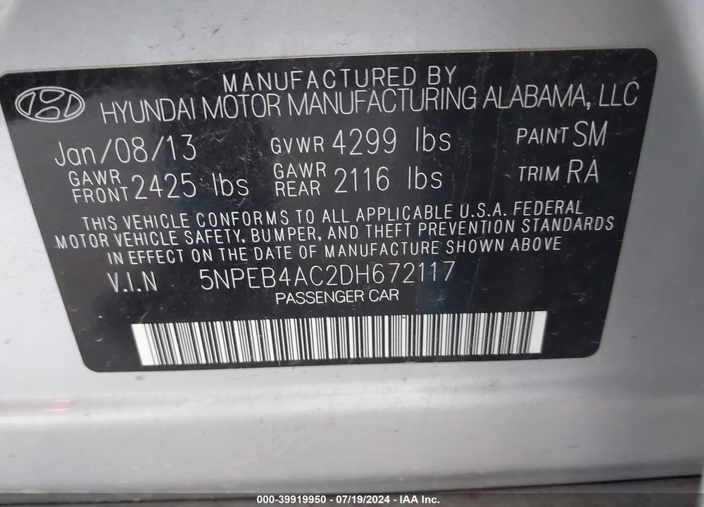 2013 HYUNDAI SONATA GLS VIN: 5NPEB4AC2DH672117