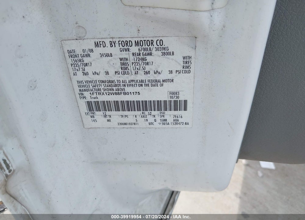 2008 FORD F-150 FX2/STX/XL/XLT VIN: 1FTRX12W88FB01175