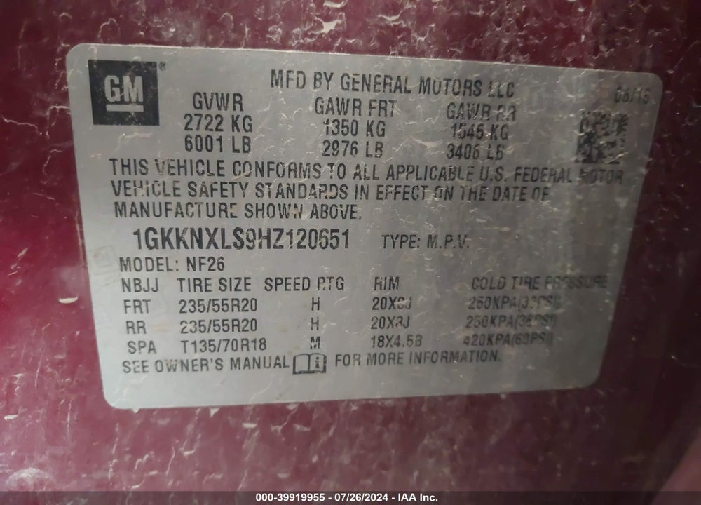2017 GMC ACADIA DENALI VIN: 1GKKNXLS9HZ120651