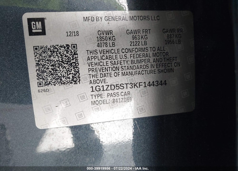 2019 CHEVROLET MALIBU LT VIN: 1G1ZD5ST3KF144344