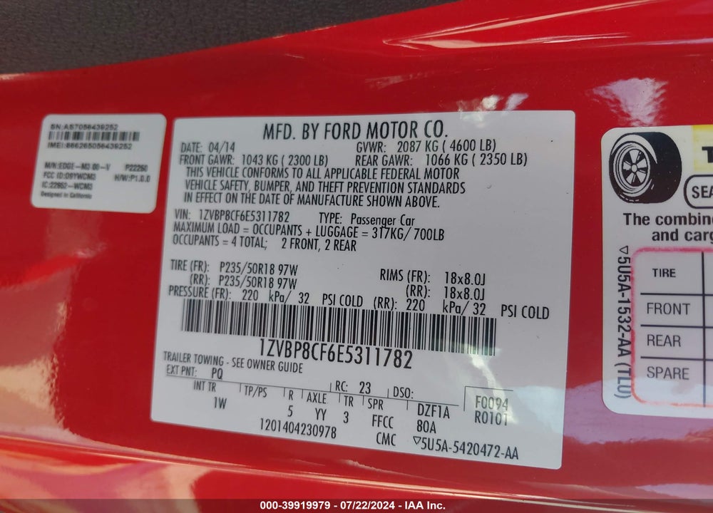 2014 FORD MUSTANG VIN: 1ZVBP8CF6E5311782
