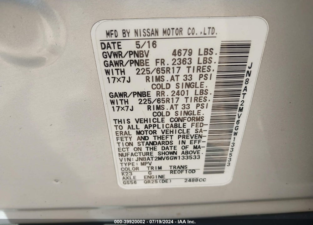 2016 NISSAN ROGUE S VIN: JN8AT2MV6GW133533