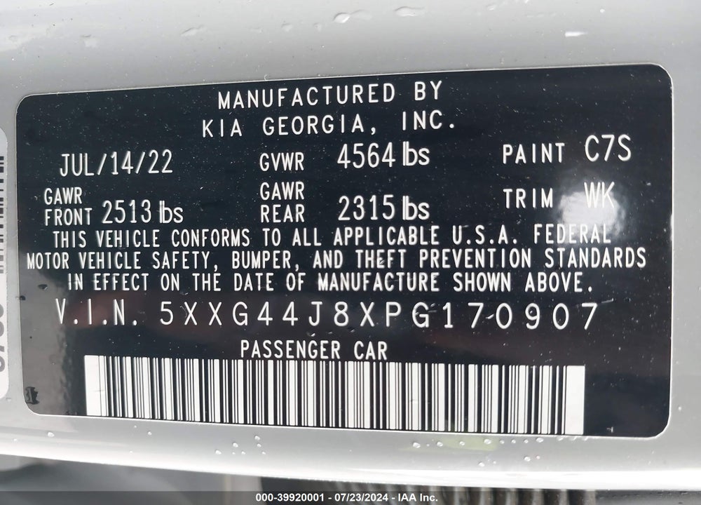 2023 KIA K5 GT VIN: 5XXG44J8XPG170907