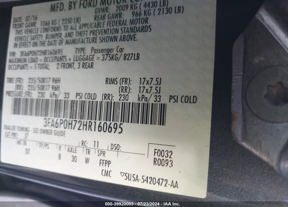 2017 FORD FUSION SE VIN: 3FA6P0H72HR160695