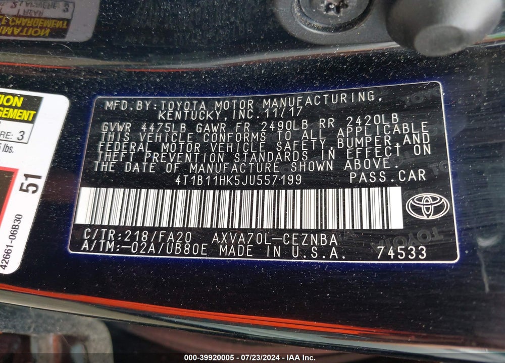 2018 TOYOTA CAMRY VIN: 4T1B11HK5JU557199