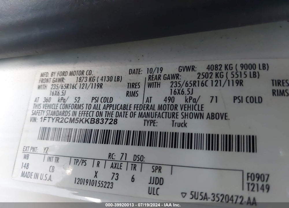 2019 FORD TRANSIT-250 VIN: 1FTYR2CM5KKB83728