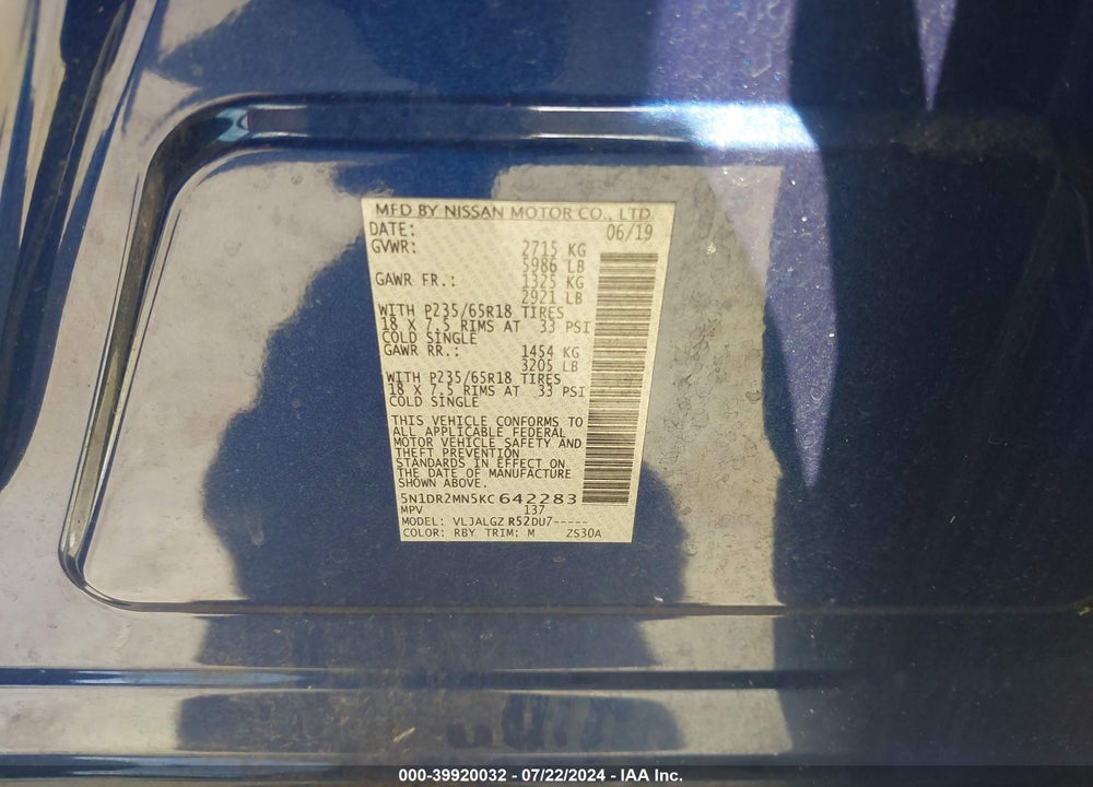 2019 NISSAN PATHFINDER SL VIN: 5N1DR2MN5KC642283