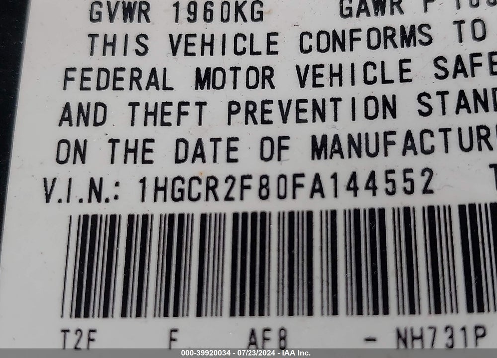 2015 HONDA ACCORD EX-L VIN: 1HGCR2F80FA144552