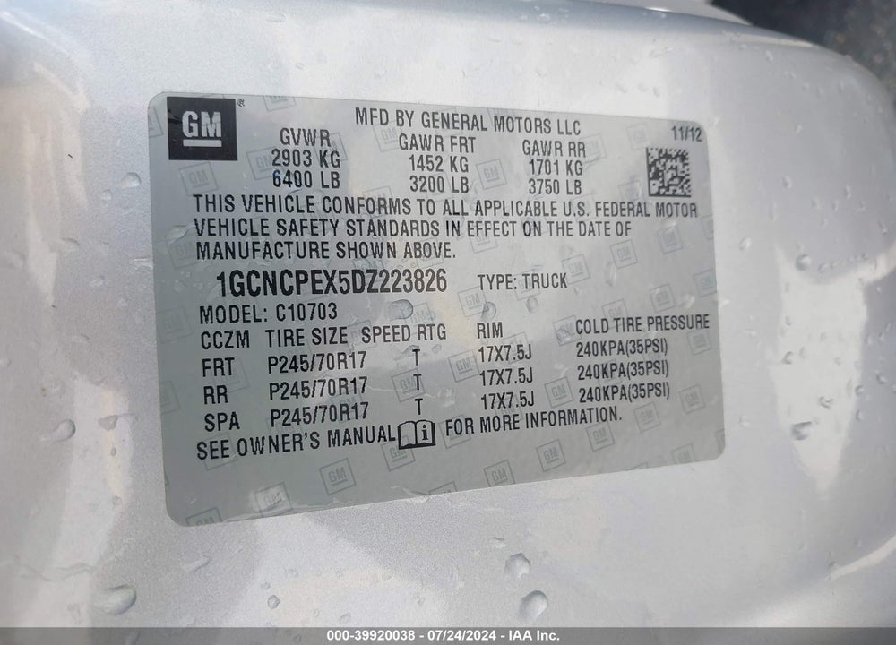 2013 CHEVROLET SILVERADO 1500 WORK TRUCK VIN: 1GCNCPEX5DZ223826