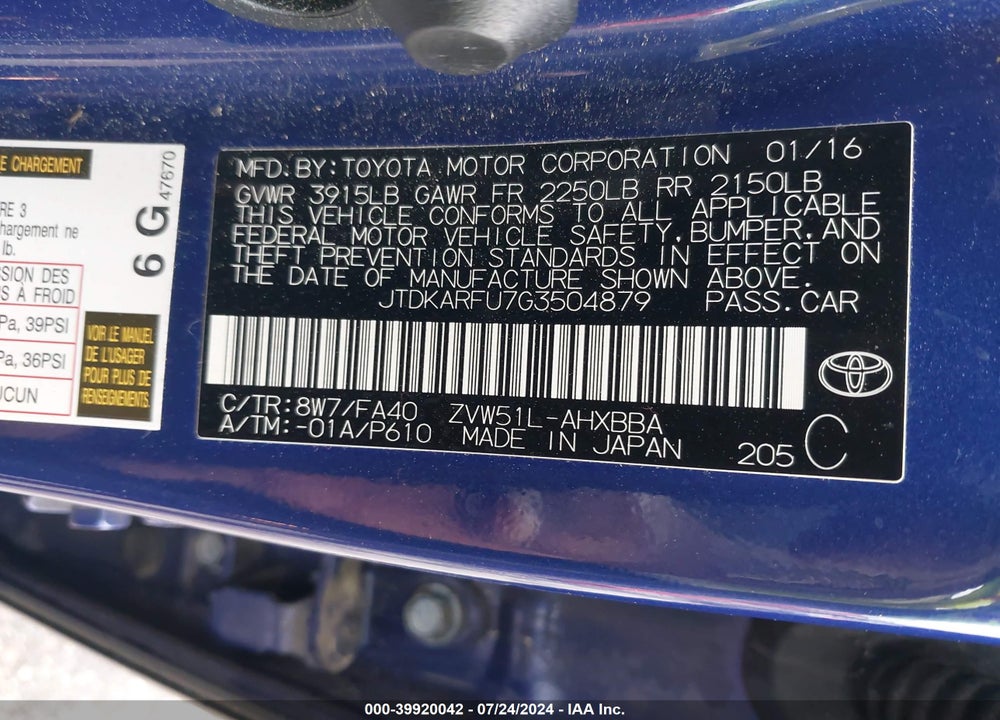 2016 TOYOTA PRIUS TWO ECO VIN: JTDKARFU7G3504879