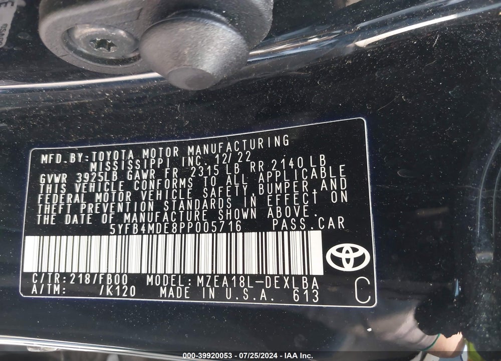 2023 TOYOTA COROLLA LE VIN: 5YFB4MDE8PP005716