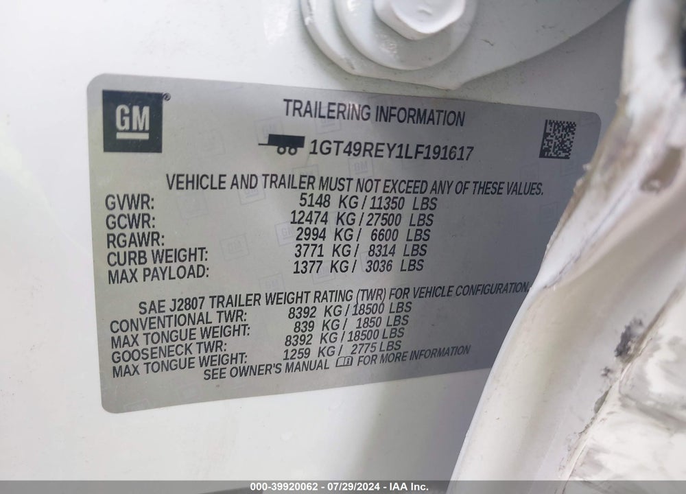 2020 GMC SIERRA 2500HD 4WD  STANDARD BED DENALI VIN: 1GT49REY1LF191617