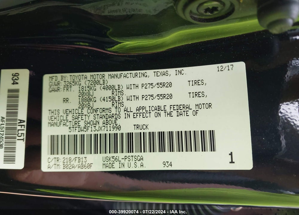 2018 TOYOTA TUNDRA SR5 5.7L V8 VIN: 5TFDW5F13JX711990