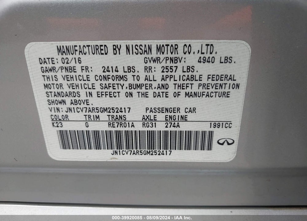 2016 INFINITI Q50 2.0T BASE/2.0T PREMIUM VIN: JN1CV7AR5GM252417