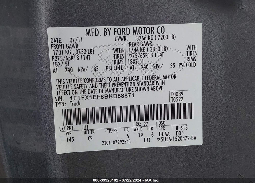 2011 FORD F-150 STX VIN: 1FTFX1EF8BKD88871