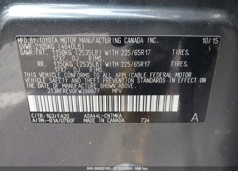 2015 TOYOTA RAV4 XLE VIN: 2T3RFREV0FW398877