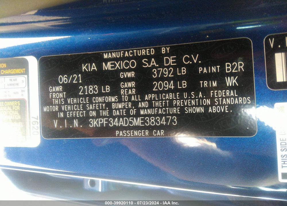 2021 KIA FORTE GT LINE VIN: 3KPF34AD5ME383473