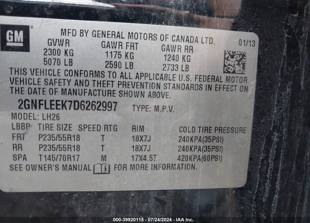 2013 CHEVROLET EQUINOX 1LT VIN: 2GNFLEEK7D6262997