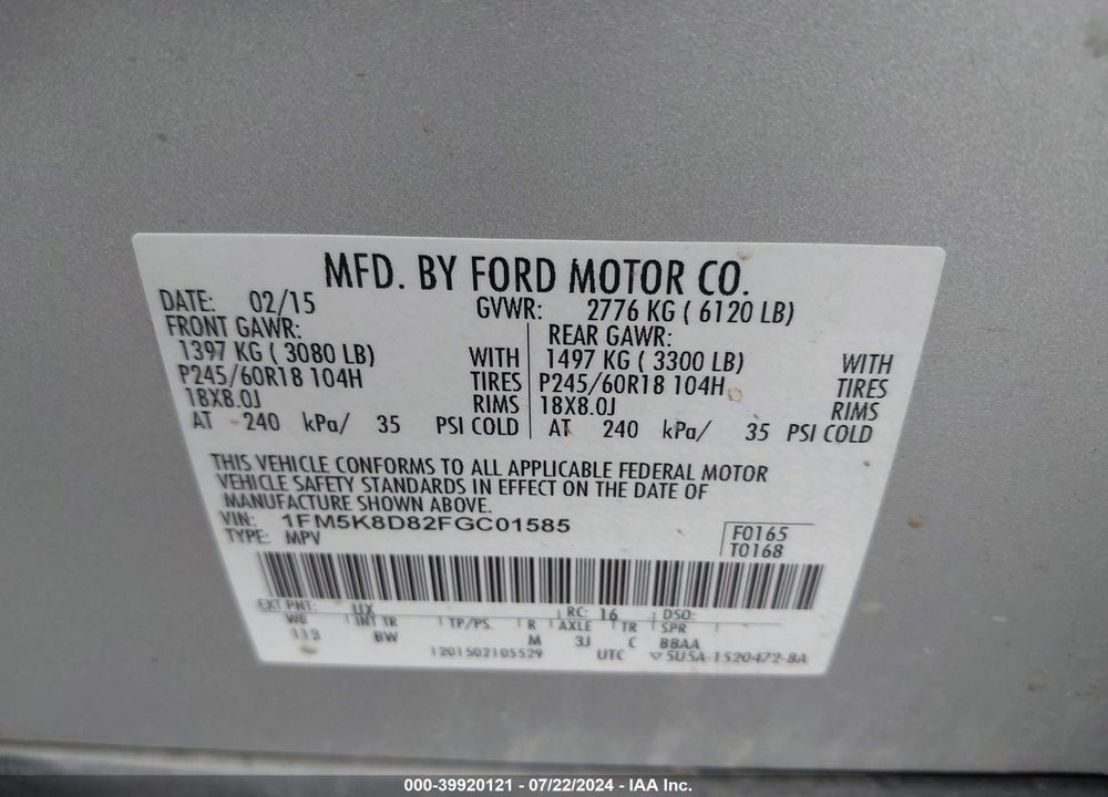 2015 FORD EXPLORER XLT VIN: 1FM5K8D82FGC01585