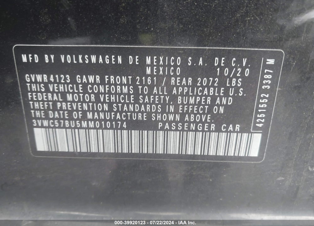 2021 VOLKSWAGEN JETTA 1.4T R-LINE/1.4T S/1.4T SE VIN: 3VWC57BU5MM010174