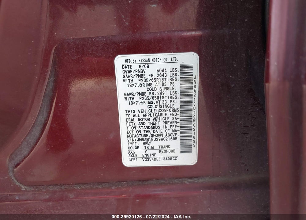 2009 NISSAN MURANO SL VIN: JN8AZ18U29W021695