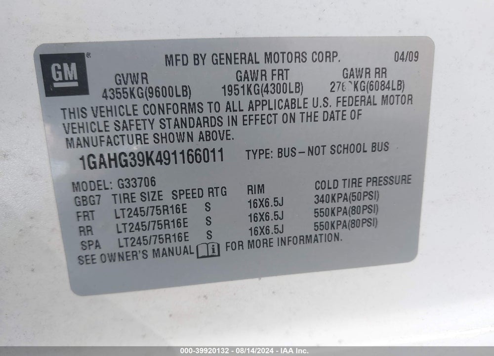 2009 CHEVROLET EXPRESS 3500 VIN: 1GAHG39K491166011