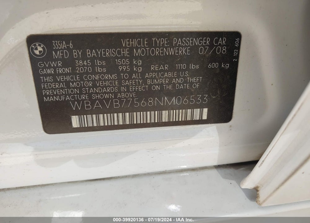 2008 BMW 335I VIN: WBAVB77568NM06533