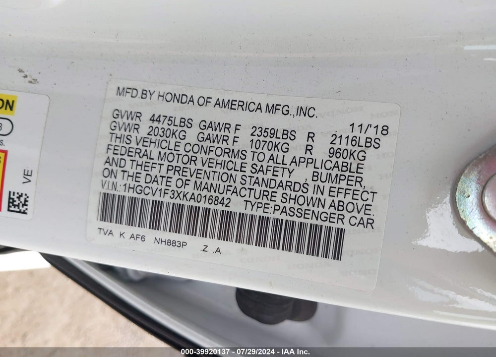 2019 HONDA ACCORD SPORT VIN: 1HGCV1F3XKA016842
