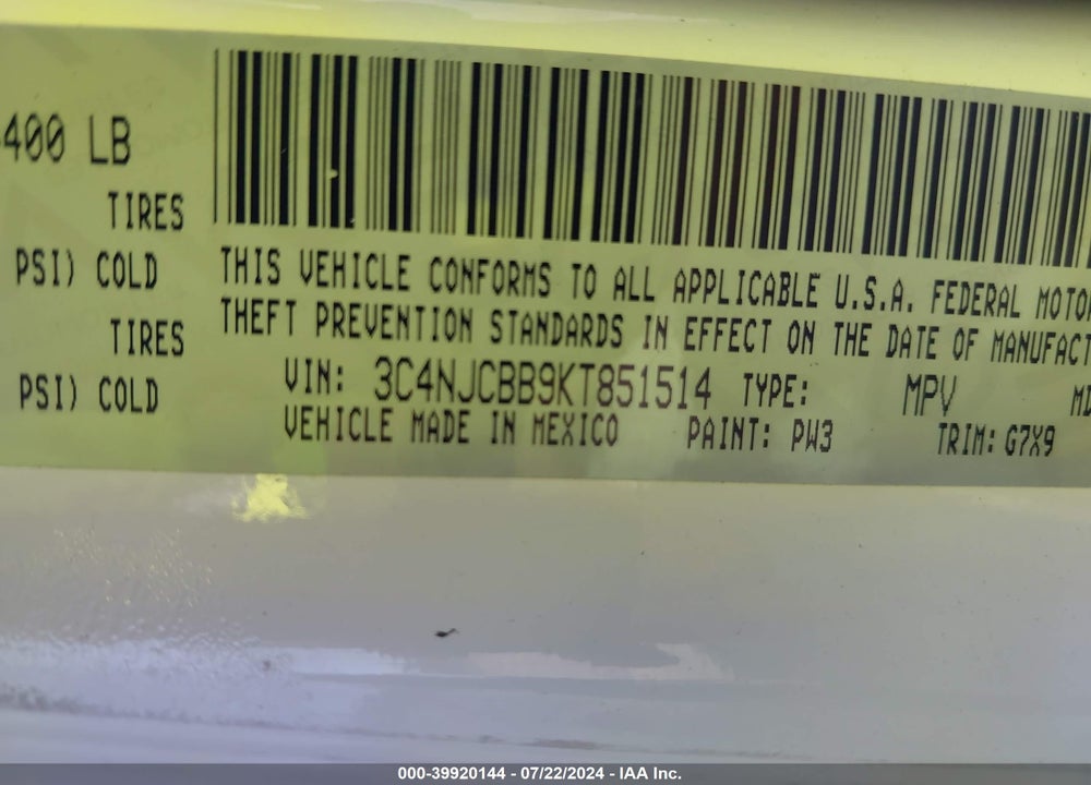 2019 JEEP COMPASS VIN: 3C4NJCBB9KT851514